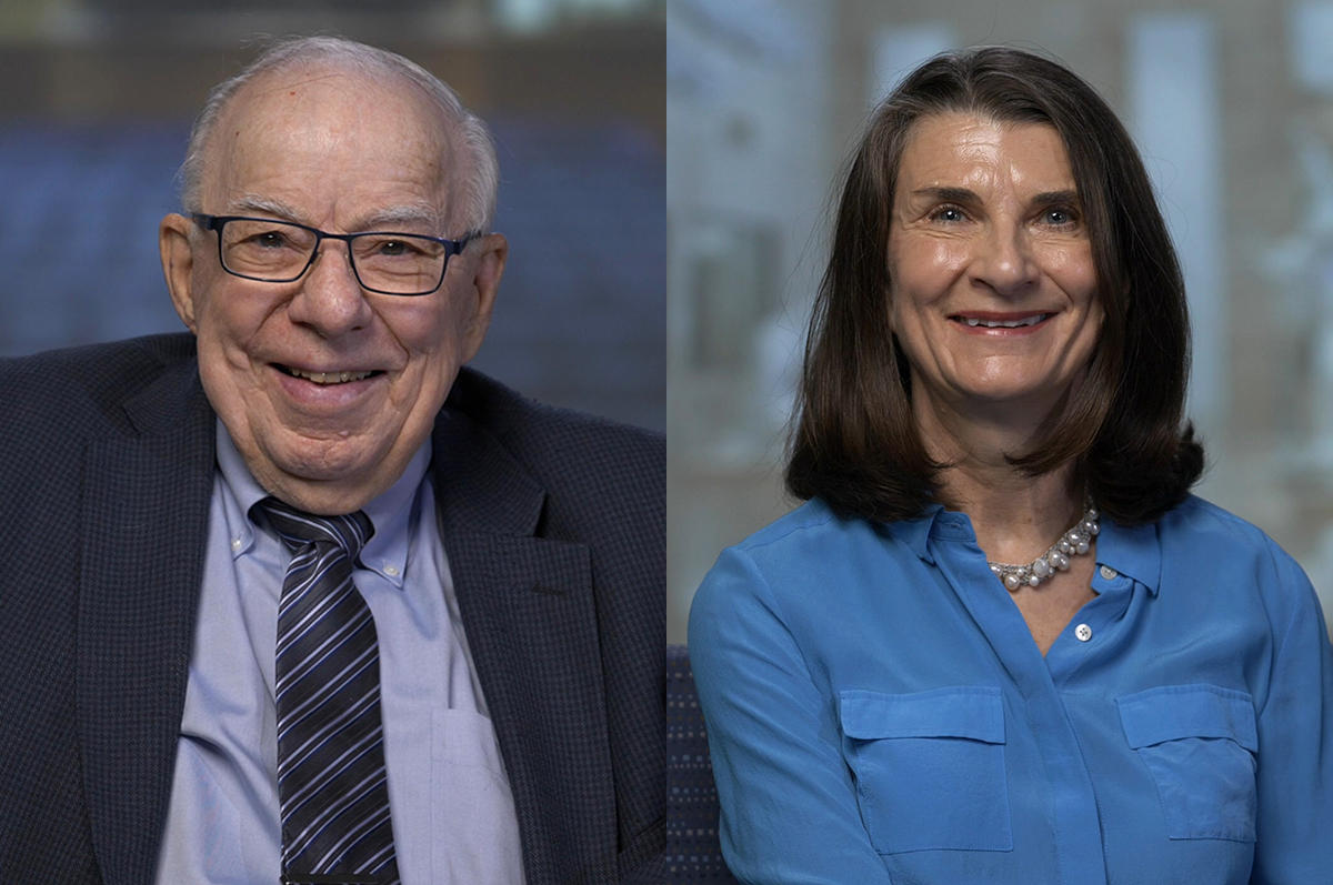 Portrait of older man beside portrait of woman in blue blouse